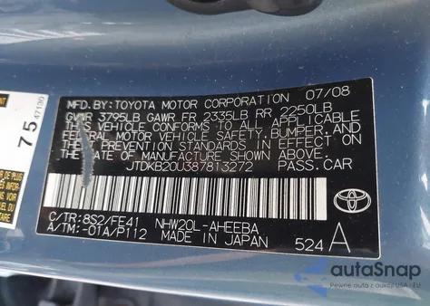 2008 Toyota Prius из США, поврежденный, VIN JTDKB20U387813272